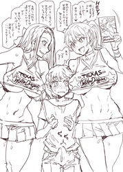 1boy 2girls age_difference blush breasts crop_top erection erection_under_clothes japanese_text large_breasts microskirt miniskirt mizuryuu_kei monochrome pussy_juice_drip rough_sketch size_difference sketch speech_bubble text toned translation_request underboob