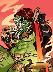 abs alchykiller breasts cape claws cleavage dreadlocks fangs female green_skin looking_at_viewer monster_girl muscles muscular_female navel orc orc_female red_eyes skull solo teeth underboob