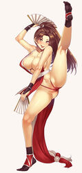 :p areolae ass bare_shoulders black_gloves black_legwear breasts brown_eyes brown_hair censored cleavage fan fatal_fury female female female_only full_body gloves large_breasts leg_up long_hair looking_at_viewer mai_shiranui mizuryuu_kei navel ponytail simple_background smile socks solo tongue tongue_out white_background