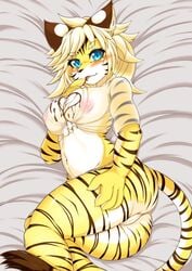 anthro blue_eyes breasts chocolate feline female fullbokko_heroes furry highres megane_inu nipples pussy short_hair solo tiger uncensored white_hair