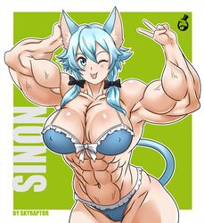 abs armpits bangs bikini blue_eyes blue_hair breasts cat_ears cat_tail catgirl cleavage extreme_muscles female large_breasts looking_at_viewer muscles muscular_female navel skyraptor solo tail thong tongue tongue_out twintails wink