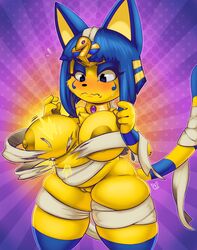 1girls 2019 animal_crossing ankha anthro areola big_breasts blue_hair blush breasts bursting_breasts chubby clothing conditional_dnp egyptian felid feline felis female fur furry furry_only hair mammal nintendo nipples pussy short_hair shortstack signature solo tail teckworks thick_thighs trembling video_games wardrobe_malfunction wide_hips wraps