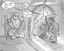 anthro ape balls caught comic cranky_kong dialogue donkey_kong donkey_kong_(series) duo english_text erection greyscale humanoid_penis hyper hyper_penis male male_only mammal masturbation monochrome muscular muscular_male nintendo penis precum primate text uncut uniparasite vein video_games