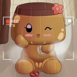 bathroom blush brown_hair curtain female flower food_creature fur furry furry_only looking_at_viewer neitsuke no_humans pudding_in_love purin-chan pussy recording shower shower_curtain shower_stall soap solo tile_wall tiles washing wet wink