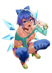 1girls bare_shoulders bikini_top blue_eyes blue_hair breasts cirno female female_only high_heels microskirt mizuryuu_kei short_hair skimpy skindentation solo squatting thighhighs touhou