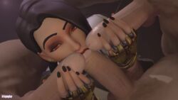 1girls 3boys 3d ashe_(overwatch) balls black_hair face_fucking fellatio female group handjob irispoplar large_penis light-skinned_female light_skin looking_back looking_up multiple_boys oral oral_sex overwatch penis penis_out posh_ashe red_eyes red_lipstick throat_fuck