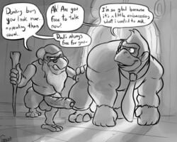 anthro ape balls big_penis comic cranky_kong dialogue donkey_kong donkey_kong_(series) duo english_text erection eyewear glasses greyscale humanoid_penis male male_only mammal mature_male monochrome muscular muscular_male nintendo penis primate text tongue tongue_out uniparasite vein video_games