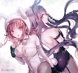 2girls :o alternative_costume animal_costume animal_ears arms_under_breasts artist_name bangs bare_shoulders braid breasts brown_hair bunny_costume bunny_ears bunny_girl bunny_tail bunnysuit cleavage collar danganronpa danganronpa:_trigger_happy_havoc danganronpa_(series) danganronpa_2:_goodbye_despair detached_collar detached_sleeves eyebrows_visible_through_hair fake_animal_ears female female_only from_behind hair_ornament kirigiri_kyouko large_breasts leotard light_brown_hair long_hair looking_at_viewer looking_back mole mole_on_breast multiple_girls nanami_chiaki open_mouth pantyhose pink_eyes pink_hair purple_eyes purple_hair short_hair short_sleeves side_braid single_braid sleeveless straight_hair tail tied_hair white_collar z-epto_(chat-noir86)