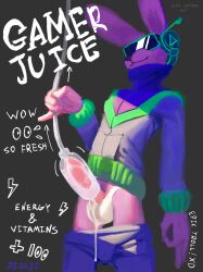 7b7a2f anthro balls bodily_fluids bottomwear bottomwear_down clothed clothing cum cum_drip cum_on_penis dripping erection genital_fluids genitals grey_background hi_res hoodie lagomorph leporid machine male male_anthro mammal milking_machine pants pants_down partially_clothed penile penis penis_milking penis_milking_machine pink_body rabbit simple_background solo standing topwear visor