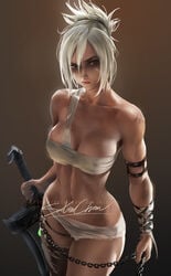 abs artist_signature breasts chains cleavage female female_only league_of_legends looking_at_viewer navel riven sakimichan short_hair solo sword toned wapon watermark white_hair