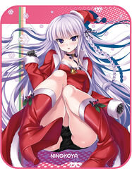 bell black_gloves black_panties black_underwear blush boots braid breasts christmas christmas_outfit danganronpa danganronpa:_trigger_happy_havoc danganronpa_(series) female gloves hair_ornament hair_ribbon hat high_heel_boots high_heels kirigiri_kyouko lingerie long_hair looking_at_viewer ninoko open_mouth pantsu purple_eyes purple_hair ribbon santa_costume santa_hat shoes single_braid sitting small_breasts snowflakes solo straight_hair sweatdrop tied_hair underwear violet_eyes