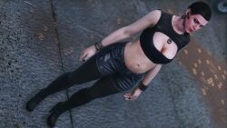 1female 3d absurd_res absurdres alternate_costume bare_shoulders beautiful_woman black_hair blue_eyes bracelets breasts cleavage daz_studio denim_shorts dionys_ramirez dollification earpiece edited_screencap emotionless emotionless_female female female_focus female_only fishnet_legwear fishnet_stockings fishnet_thighhighs game_screenshot grand_theft_auto grand_theft_auto_v heavenly_body highres huge_breasts indifference indifferent jean_shorts mascara mature_woman molly_schultz navel necklace oblivious_sexualization raining red_lipstick rockstar_editor rockstar_games short_hair skimpy_clothes skimpy_shorts source_request standing_at_attention tomboy tomboyish tubetop unbothered uncaring wide_hips
