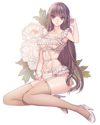 braid danganronpa danganronpa_(series) female floral_background flower high_resolution kirigiri_kyouko lingerie long_hair purple_eyes side_braid solo straight_hair thighhighs tied_hair underwear