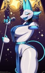 1girls background big_ass big_breasts big_butt breasts closed_eyes deltarune dress female lights lyorenth-the-dragon microphone microphone_stand open_mouth panties sharp_fingernails side_view sideboob singing solo source standing tasque_manager_(deltarune) thick_ass thick_thighs