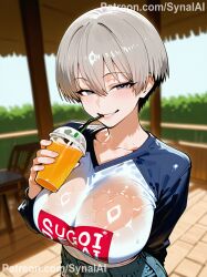 ai_generated breasts collarbone drinking drinking_straw female grey_hair large_breasts seductive_eyes seductive_smile see-through see-through_clothes see-through_clothing short_hair sugoi_dekai synalai uzaki-chan_wa_asobitai! uzaki_hana