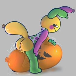 absurd_res animate_inanimate anthro ass badipoki balloon balloon_fetish balloon_tail balls bent_over blushcrunch_studio clothing contact_onomatopoeia dandy's_world food fruit genitals grey_background hi_res inflatable living_balloon living_inflatable looey_(dandy's_world) male onomatopoeia perineum plant polka_dots presenting presenting_hindquarters print_balloon pumpkin pumpkin_balloon roblox shirt side_view simple_background solo sound_effects squeak squeaking squish standing string tail text toon_(dandy's_world) topwear