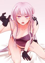 arched_back arm_support bangs bent_knees black_gloves black_panties black_underwear blunt_bangs braid danganronpa danganronpa:_trigger_happy_havoc danganronpa_(series) female female_only gloves hair_ornament hair_ribbon kirigiri_kyouko leaning_forward light-skinned long_hair looking_at_viewer open_mouth pantsu purple_eyes purple_hair purple_shirt ribbon shirt side-tie_panties sidelocks sketti solo straight_hair strap_pull tied_hair underwear