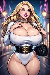 1girls ai_generated belt bimbo blonde_hair chanel collar corruption dc dc_comics gold gold_collar gold_jewelry gold_ring leotard power_girl