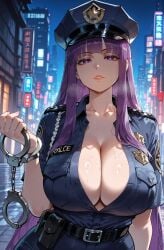 1girls ai_generated alternate_costume bangs belt belt_pouch black_belt blue_headwear blue_shirt blunt_bangs blurry_background breasts building city cityscape cleavage clothing collarbone collared_shirt cuffs curvaceous curvaceous_female curvaceous_figure curvy curvy_figure cut_bangs female female_focus fern_(sousou_no_frieren) handcuffs hat headwear holding huge_breasts inviting inviting_to_sex large_breasts lips long_hair looking_at_viewer miyuai night outdoors parted_lips partially_unbuttoned peaked_cap police police_badge police_hat police_uniform policeman policewoman pouch presenting presenting_breasts presenting_self purple_eyes purple_hair purple_pupils seductive seductive_look seductive_smile shirt short_sleeves sidelocks skirt skyscraper solo sousou_no_frieren straight_hair sweat uniform upper_body veins very_long_hair voluptuous voluptuous_female walkie-talkie