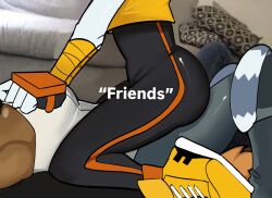 "friends"_meme 2girls ass bad_tag black_pants bodysuit cowgirl_position crop_top dark-skinned_female dark_skin english_text female fingerless_gloves friends_with_benefits furry gloves idw_publishing indoors lemur_tail leotard lower_body lying meme multiple_females multiple_girls on_person orange_footwear pants reference shadsonline shoes sitting sitting_on_person sneakers sonic_(series) sonic_the_hedgehog_(idw) straddling tail tangle_the_lemur tomboy whisper_the_wolf white_leotard yoga_pants yuri