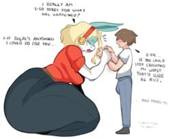 1boy 1girls anthro ass breasts color colored edit edited english_text erection female giantess gonzalo_costa height_difference ippan_josei large_ass large_breasts large_female larger_female male mini_giantess my_hero_academia onaeane size_difference smaller_male text thick_thighs thighs white_background wide_hips