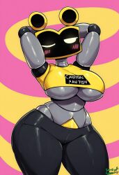 1girls abstract_background ai_generated arms_behind_head arms_up black_clothing black_pants blush blush_stickers breasts closed_eye clothes_writing cowboy_shot crop_top curvy female five_nights_at_freddy's five_nights_at_freddy's:_security_breach grey_body grey_skin half-closed_eye large_breasts looking_at_viewer machine no_mouth one_eye_closed pink_background posing robot robot_girl scottgames screen_face shiny_skin simple_background solo standing steel_wool_studios style_emulation thick_thighs tifokoh57 underboob wet_floor_bot_(fnaf) white_eyes wide_hips yellow_background yellow_clothing yellow_topwear