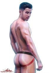 1boy actor ass butt caucasian caucasian_male celebrity jockstrap jonas_brothers looking_at_viewer looking_back male male_only muscle muscles muscular muscular_male musician nick_jonas pinup real_person solo solo_male tattoo zane_nox