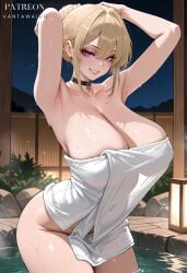 ai_generated areola_slip armpits arms_behind_head arms_up artist_name bangs bare_shoulders bathing black_choker blonde_hair blush breasts choker clavicle cleavage clothing collarbone covered_navel evelyn_chevalier evelynn female female_only fence grin hair_bun hair_intakes jewelry lantern large_breasts looking_at_viewer makeup naked_towel netorare night night_sky ntr onsen outdoors partially_submerged patreon_username purple_eyes single_hair_bun sky smile solo thighs towel vantawaifu wading water wet wet_towel white_towel zenless_zone_zero
