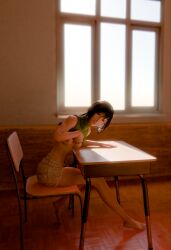3d areolae bahamut0 barefoot blender breasts classroom desk feet female final_fantasy_vii final_fantasy_vii_remake lighting looking_at_viewer pov pulling revealing_breasts short_hair showing_breasts sitting sitting_on_chair small_breasts smaller_female sunlight yuffie_kisaragi