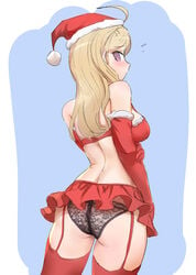 1girls akamatsu_kaede ass black_panties blonde_hair blush butt christmas christmas_hat christmas_outfit christmas_stocking danganronpa danganronpa_v3 eyelashes female female_only garter_belt garter_straps human light_skin lingerie long_hair looking_at_viewer looking_back pale_skin panties pink_eyes qosic schoolgirl shy slim straight_hair teenager violet_eyes