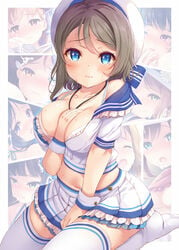 bad_perspective bangs bare_shoulders between_breasts blue_bow blue_eyes blue_sailor_collar blush bow bra breasts cleavage collarbone commentary_request crop_top eyebrows_visible_through_hair facial female frilled_bra frills grey_hair hand_between_breasts hat idol jewelry komone_ushio large_breasts layered_skirt looking_at_viewer love_live! love_live!_sunshine!! medium_breasts midriff miniskirt navel necklace off_shoulder petticoat pleated_skirt sailor_collar sailor_hat seiza short_hair sitting skirt skirt_set solo_focus sweat swept_bangs thighhighs thighs underwear watanabe_you white_bra white_legwear wrist_cuffs