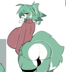 alternate_version_available aran_(shiyaa_stuff) backsack big_ass big_breasts bottomless busty_male from_behind furry green_fur half-closed_eyes half-dressed looking_at_viewer looking_back red_eyes shiyaa_stuff turtleneck