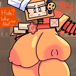1girls blush blushing_at_viewer blushing_female breasts breasts_bigger_than_head chef_hat computer computer_head computer_monitor computer_screen concerned_look confused_expression confused_face confused_look confusion cookie cookieware_(die_of_death) die_of_death_(roblox) disappointed erictheartist4fun female hyper_breasts orange_body orange_nipples orange_skin question_mark roblox roblox_game screen_face thicc thicc_thighs thick_ass thick_legs tv_face tv_head tv_screen tv_woman unhappy_female upset waist_not_visible