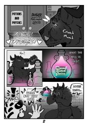absurd_res anthro canid canine canis chugging comic darius_(picantetortuga) digital_media_(artwork) drawer dumb_bitch_juice duo english_text exclamation_point facial_scar felid fur genitals glowing hi_res horn juno_(picantetortuga) magic male male/male mammal muscular mythological_canine mythological_creature mythology onomatopoeia pantherine penis picantetortuga potion potion_bottle scar smile sound_effects tail teeth text tiger tusks werecanid werecanine werecreature wolf
