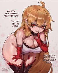 1girls 2d 2d_(artwork) ahoge armwear artist_name big_breasts black_legwear brat bratty breasts child_bearing_hips choker cleavage cute cute_fangs earrings english_text eyeliner fangs female female_focus front_view full_color hand_on_thigh hips hips_wider_than_shoulders imminent_sex leaning_forward legwear light-skinned_female naughty_face oc orange_hair original original_character ourobot partially_clothed red_armwear red_eyes red_gloves seductive seductive_look shortstack simple_background talking_to_viewer tempting tempting_viewer text thick thick_thighs thighs vampire vampire_girl white_panties white_topwear wide_hips