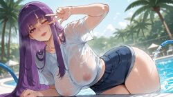 1girls ;p ai_generated bangs blue_shorts blunt_bangs blurry_background blush breasts clothing collarbone covered_nipples curvaceous curvaceous_female curvaceous_figure curvy curvy_figure day denim denim_shorts female female_focus female_only fern_(sousou_no_frieren) hose inviting inviting_to_sex large_breasts long_hair looking_at_viewer miyuai nipples one_eye_closed outdoors palm_tree pool poolside presenting presenting_ass presenting_breasts presenting_hindquarters presenting_self purple_eyes purple_hair seductive seductive_look seductive_smile see-through see-through_shirt shirt short_shorts short_sleeves shorts sky smile solo sousou_no_frieren swimsuit thighs tongue tongue_out tree v v_over_eye voluptuous voluptuous_female water wet wet_clothes wet_shirt white_shirt