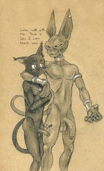 2boys beerus boner couple_(disambiguation) crossover domestic_cat dragon_ball dragon_ball_super erection felid feline felis flaccid gay humanoid_penis jewelry male male_only mammal monochrome morenatsu nude penis shin_(morenatsu) tush walking yaoi