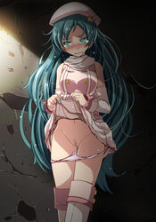 aqua_eyes aqua_hair aqua_nails bare_shoulders bell beret blush bow breasts cameltoe censored closed_eyes cracked_wall crying crying_with_eyes_open detached_sleeves double-breasted eyebrows_visible_through_hair female frilled_panties frills frown gluteal_fold hair_bell hair_ornament hat hatsune_miku jingle_bell lifted_by_self light_particles long_hair long_sleeves looking_away looking_down medium_breasts mosaic_censoring nail_polish navel nose_blush panties pink_bow pink_shirt project_diva project_diva_(series) pussy scarf shirt skirt skirt_lift solo standing sunlight tears thighhighs thighs tsukishiro_saika underwear upskirt v-shaped_eyebrows very_long_hair vocaloid white_hat white_legwear white_scarf wrist_cuffs