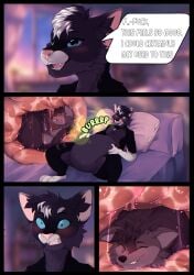 absurd_res bed belly big_belly black_body black_fur blue_eyes blush brown_body brown_fur burping canid canine canis comic digital_media_(artwork) domestic_cat english_text featureless_crotch felid feline felis fur furniture grey_body grey_fur hair happy hi_res inside inside_stomach internal lying male mammal nude on_back on_bed open_mouth pink_inner_ear pink_nose roan_(rhosyncat) shyryp smile tail text tongue vore white_body white_fur wolf wolfer_(direwolfer)