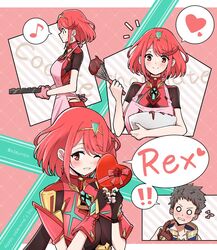 1boy 1boy1girl 1girls armor bangs big_breasts blush breasts clothed clothed_female comic earrings english english_text female female_focus fingerless_gloves fully_clothed gloves hair_ornament headpiece jewelry large_breasts looking_at_viewer male mochimochi_(xseynao) nintendo pose pyra red_eyes red_hair red_shorts rex_(xenoblade) short_hair short_shorts shorts shy simple_background smile straight swept_bangs text tiara watermark wholesome xenoblade_(series) xenoblade_chronicles_2