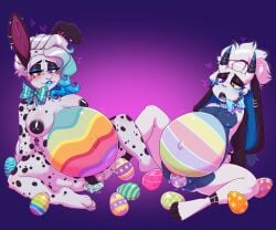 anal_oviposition anthro areola balls barbell_piercing big_breasts bite biting_lip black_areola black_ears black_nipples black_spots blue_body blue_fur blue_hair_tips blue_inner_ear blue_lipstick blue_nipples blue_tongue blush blush_lines bodily_fluids bodypaint both_pregnant breasts digital_drawing_(artwork) digital_media_(artwork) duo ear_piercing ear_ring easter easter_egg egg eyeshadow facial_piercing female fur genital_fluids genitals gradient_hair gynomorph hair heterochromia hi_res holidays horn humanoid_genitalia humanoid_penis industrial_piercing intersex lagomorph leaking_precum leporid lipstick looking_pleasured makeup mammal markings multiple_pregnancies navel nekrozs_(character) nipple_barbell nipple_piercing nipples nose_piercing nose_ring nude nude_anthro nude_female nude_gynomorph open_mouth outie_navel oviposition painted_belly penis piercing pink_inner_ear precum pregnant pregnant_anthro pregnant_female pregnant_gynomorph pregnant_intersex purple_eyes rabbit ribbons ring_piercing ryunwoofie sitting spots spotted_body spotted_fur spread_legs spreading stretched_anus stretched_vagina tongue trans_(lore) vaginal_oviposition white_body white_fur white_hair womb_tattoo yellow_eyes zia_dog