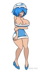 big_breasts blue_hair blue_heels breasts cleavage cosplay dodo-bot female legs long_tongue mario_(series) minus8 nintendo oc orange_eyes piranha_plant_girl rprsonic short_blue_hair skye_(rprsonic) solo