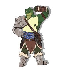 absurd_res american_bullfrog amphibian anthro armor bottomwear clothed clothing fingerless_gloves frog gloves handwear hi_res kilt male musclegut muscular muscular_male overweight partially_clothed rammygoldfinch tristan_richards