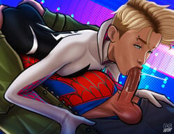 1boy 1girls 69 69_position absurdres age_difference ass_grab balls blonde_hair duo erection eyebrow_piercing fellatio female freckles gwen_stacy gwen_stacy_(spider-verse) hanging highres implied_cunnilingus male marvel oral penis peter_parker pumpkinsinclair rolling_eyes saliva saliva_on_penis spider-gwen spider-man spider-man:_into_the_spider-verse spider-man_(series) spider-man_blowjob spider_blowjob straight straight_hair superhero superhero_costume superheroine testicles unseen_male_face vertical_69