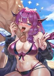 1boy asymmetrical_wings bikini blue_eyes blush breasts cheek_press commentary cowboy_shot cropped_torso crystal_wings detached_wings double_halo english_commentary fangs female freeze-ex halo heterochromia hololive hololive_english horns irys_(hololive) jacket jewelry large_breasts long_hair looking_at_viewer mismatched_wings nail_polish navel open_clothes open_jacket open_mouth penis penis_grab penis_on_face pointy_ears purple_bikini purple_eyes purple_hair star_halo swimsuit teeth tongue tongue_out upper_teeth_only virtual_youtuber w wings