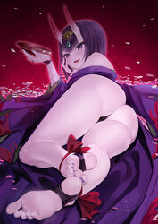 1girls ass demon_girl fangs fate/grand_order fate_(series) feet female foot_fetish horns looking_back nail_polish oni painted_nails purple_eyes purple_hair purple_nail_polish purple_nails sake_dish short_hair shuten_douji_(fate) soles solo toes xixi