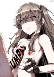 1boy anger_vein bangs bare_shoulders belko big_penis black_gloves censored crossed_bangs cum cum_on_body cum_on_upper_body female fingerless_gloves flat_chest girls'_frontline gloves grey_hair highres large_penis lolicept long_hair naizuri navel nipples paizuri pale_skin penis premature_ejaculation ribs scar scar_across_eye side_ponytail simple_background small_breasts text_censor ump45_(girls'_frontline) white_background yellow_eyes