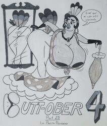 1girls 2022 2d 2d_(artwork) 2d_artwork anthro areola areolae ass avian big_ass big_butt bird bird_girl blu3danny butt-tober dialog dialogue dress female furry furry_female galliform gallus_(genus) la_pavita_pechugona mirror mirror_reflection no_bra pavita_pechugona phasianid solo traditional_art traditional_media traditional_media_(artwork) turkey umbrella