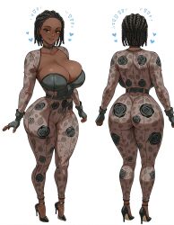 1girls african_female ai_generated ass back_view big_ass big_breasts black_hair black_woman bodysuit braid braided_hair braids breasts brown_eyes cleavage cornrows dark-skinned_female dark_skin female female_only heart_symbol heels high_heels looking_at_viewer original original_character solo solo_female thick_ass thick_thighs thighs viewed_from_behind