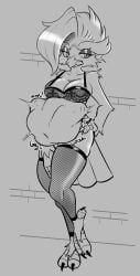 2024 5_fingers anthro anthro_pred avian beak belly big_belly bird bloated bra breasts churn cleavage clothed clothed_anthro clothed_female clothing digestion digestion_noises digital_drawing_(artwork) digital_media_(artwork) eyebrow_piercing eyebrows eyeliner eyeshadow facial_piercing feathers female female_anthro female_pred fingers fishnet_clothing fishnet_legwear fishnet_thigh_highs front_view full-length_portrait fully_inside fur gothmeup greyscale hair hi_res joy_(shammy) leaning_on_wall legwear makeup monochrome non-mammal_breasts owl piercing portrait rumbling_stomach simple_background skimpy solo struggling struggling_prey tail tail_feathers thigh_highs underwear unseen_prey vore